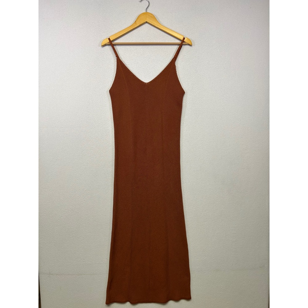 Minimalist Boho Freshman 1996 Womens Medium Rust Orange Ribbed Knit Midi Dress
